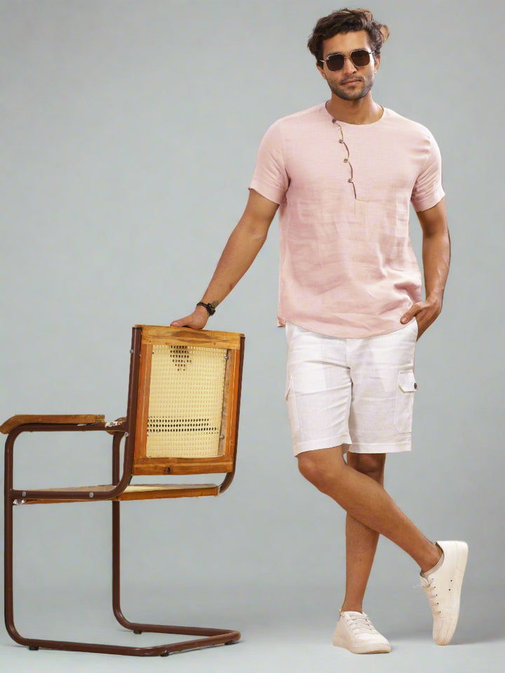 Evan - Pure Linen Short Sleeve T-Shirt - Light Pink