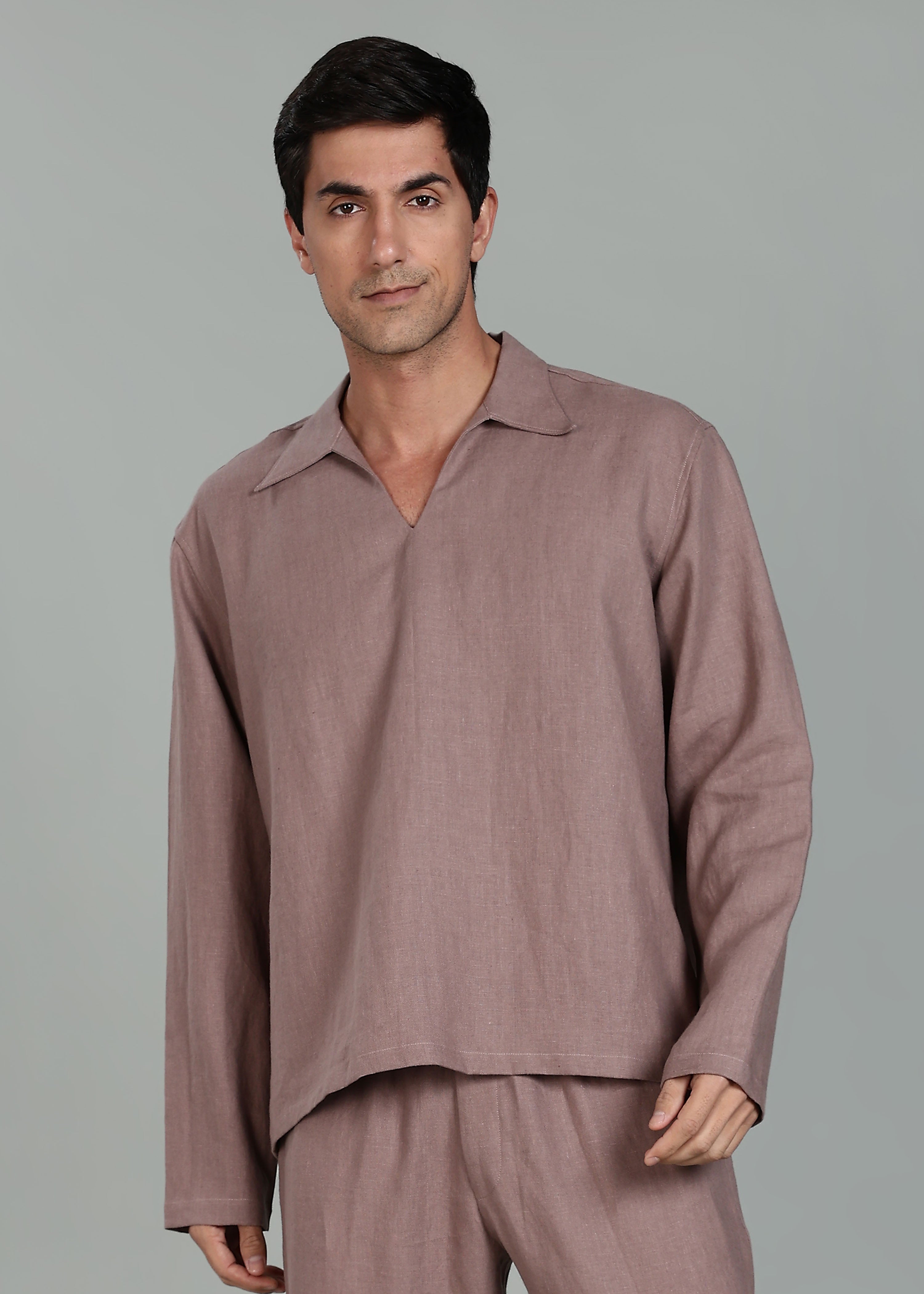 Duke - Pure Linen Oversized Pullover Long Sleeve T shirt - Muted