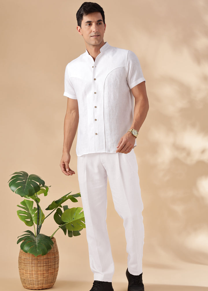 Foster - Pure Linen Trousers with Stylised Waistband - White