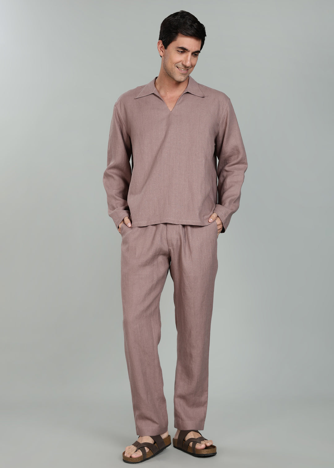 Ivo -  Pure Linen Casual Relaxed Elastic Pants - Muted Brown