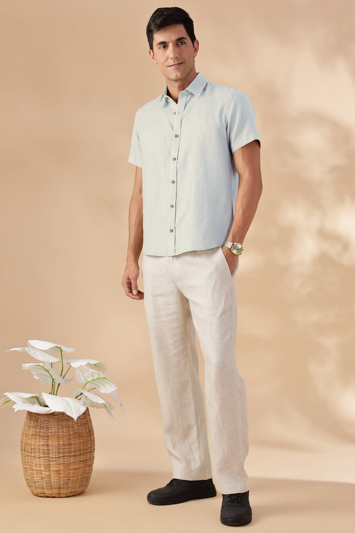 Ron - Pure Linen Half Sleeve Shirt - Light Blue
