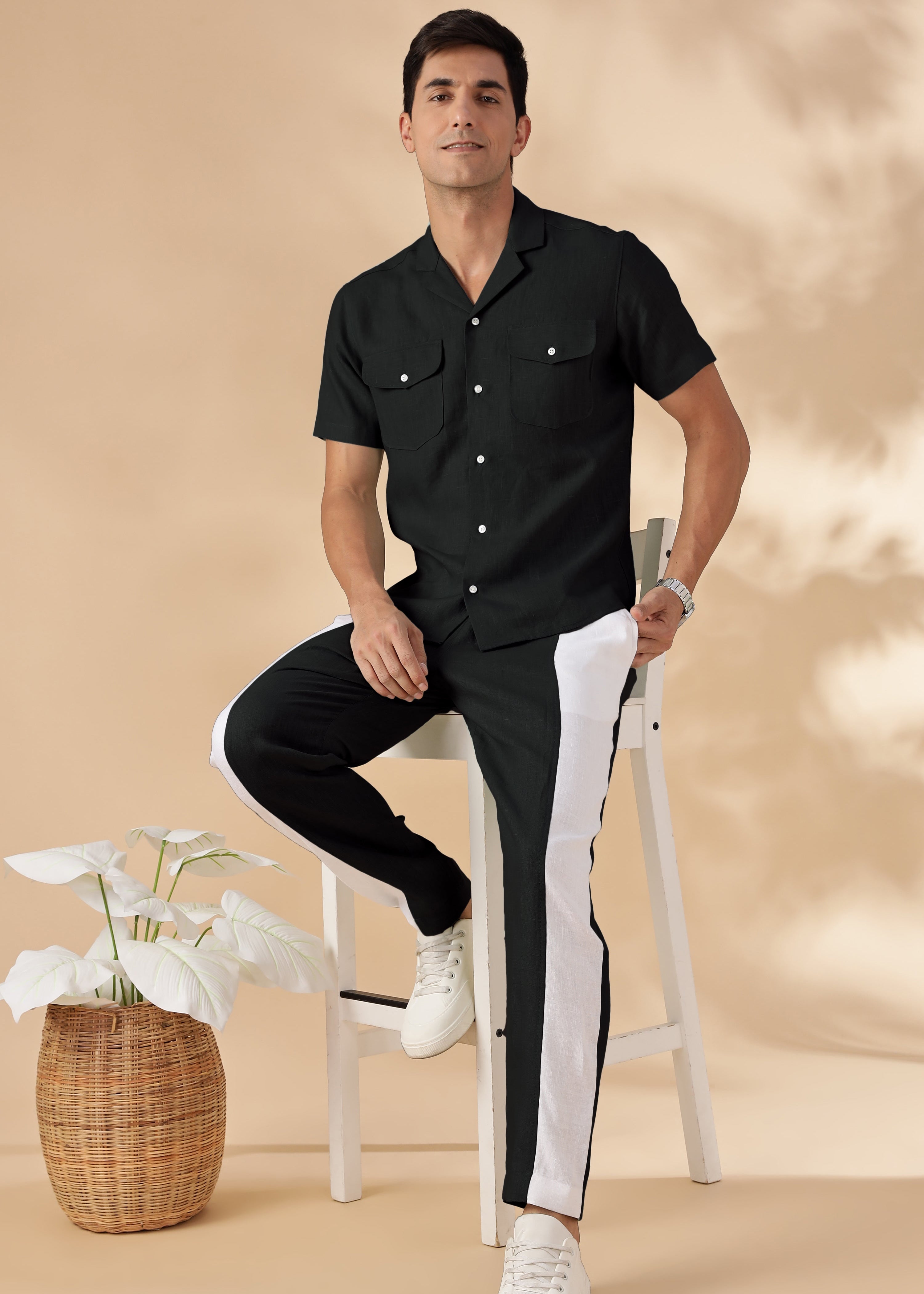 Black Pure Linen Panel Elastic Pants with Drawcord for Men – Linen