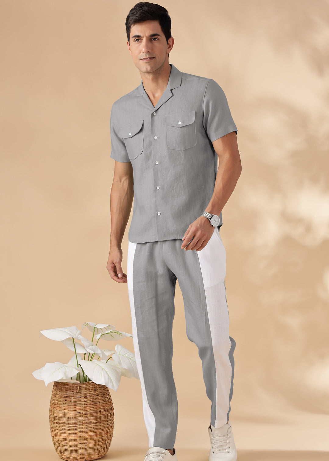 Duo - Pure Linen Panel Elastic Pants with Drawcord - Steel Grey