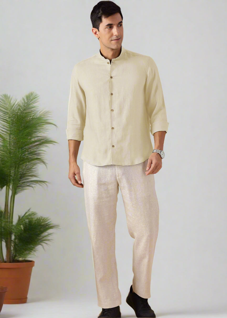 Auro - Pure Linen Full Sleeve Shirt No Pocket - Light Tea Yellow