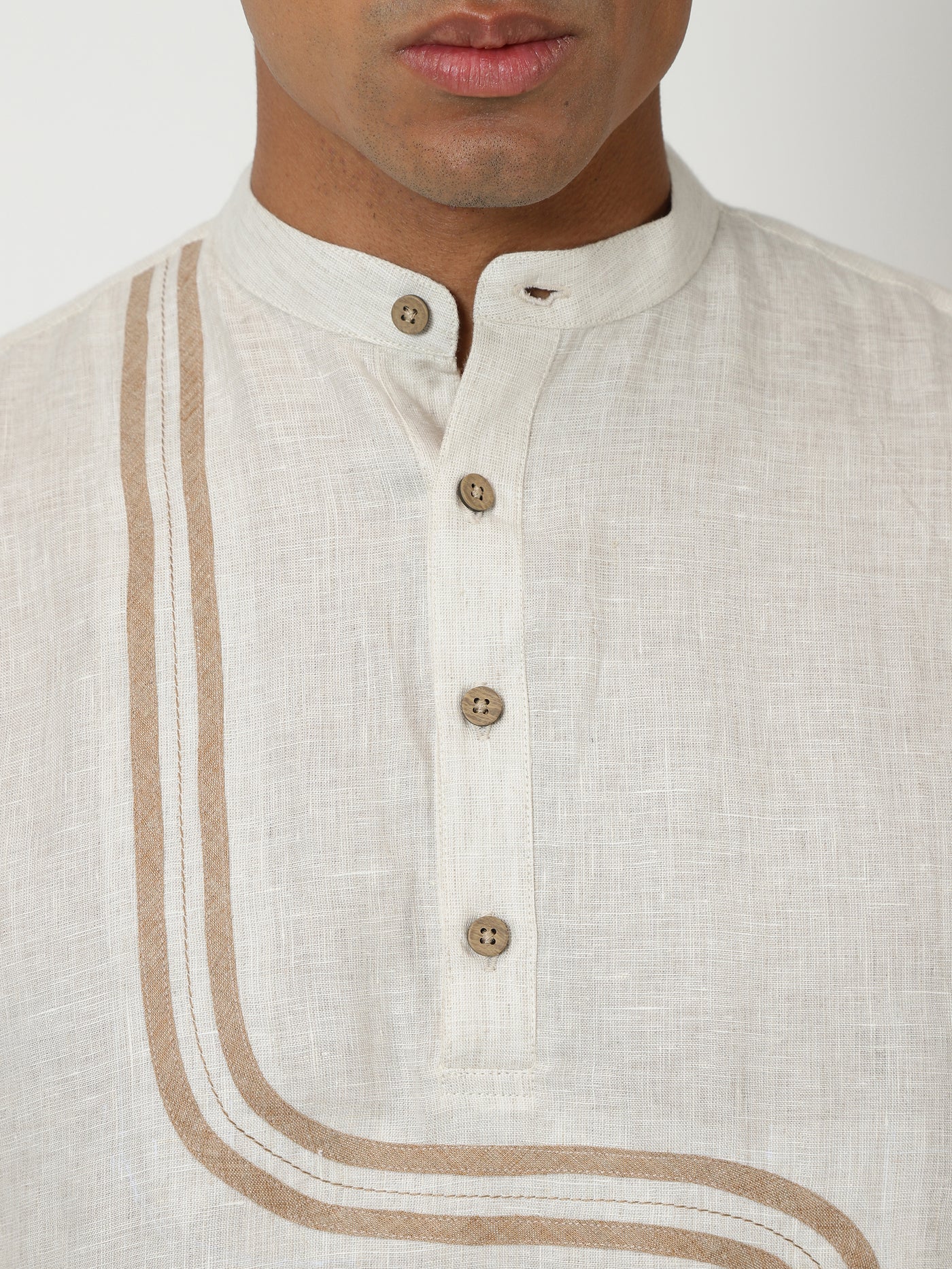 Fabio - Pure Linen Half Placket Stitch Detailed Shirt - Light Ecru