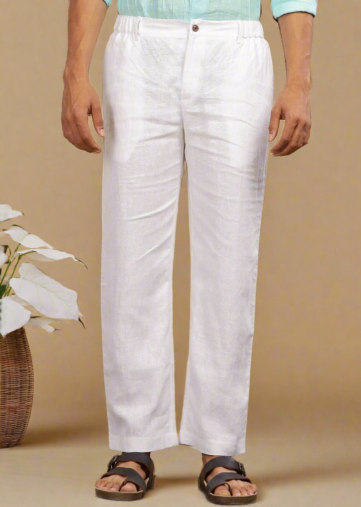 Figo - Pure Linen Drawcord Pants - White