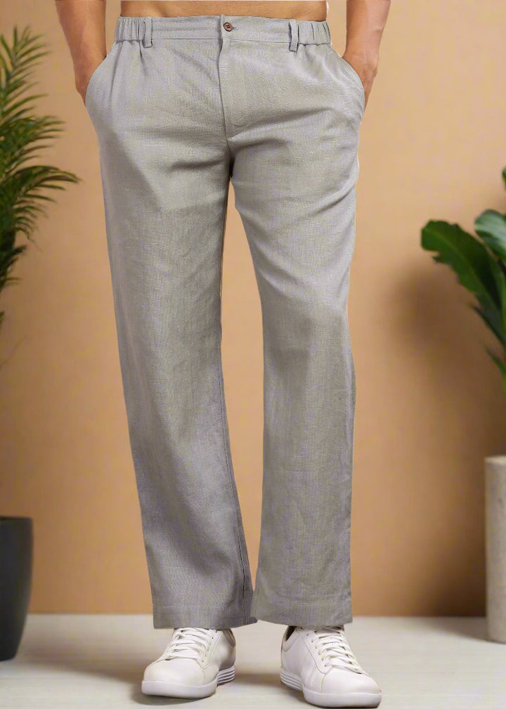 Figo - Pure Linen Drawcord Pants - Steel Grey