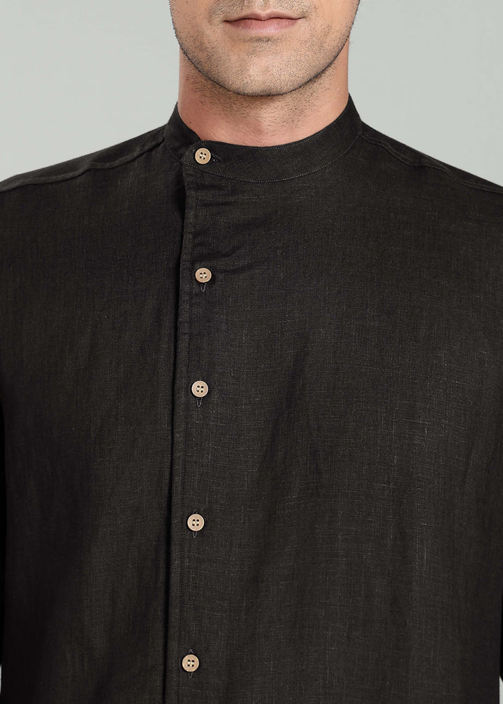 Floyd Shirt - Pure Linen Mandarin Collar Shirt - Black