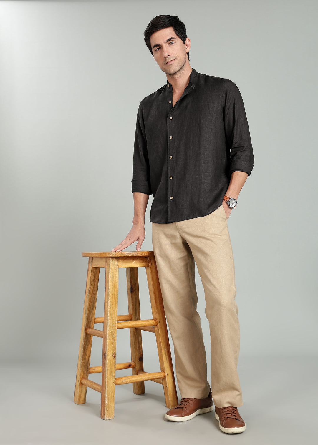 Floyd Shirt - Pure Linen Mandarin Collar Shirt - Black