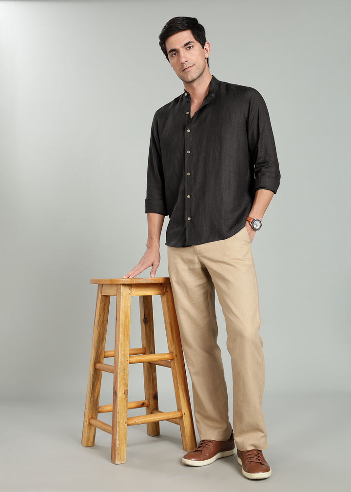 Floyd Shirt - Pure Linen Mandarin Collar Shirt - Black