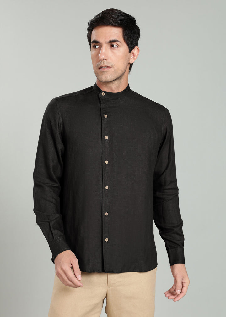 Floyd Shirt - Pure Linen Mandarin Collar Shirt - Black