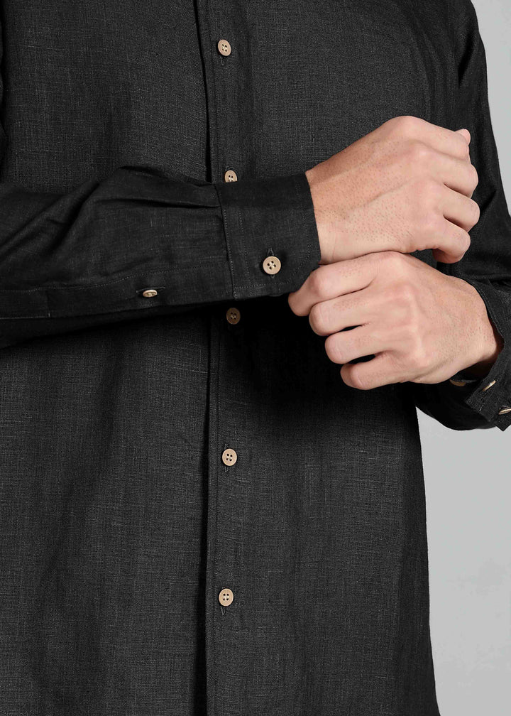 Floyd Shirt - Pure Linen Mandarin Collar Shirt - Black