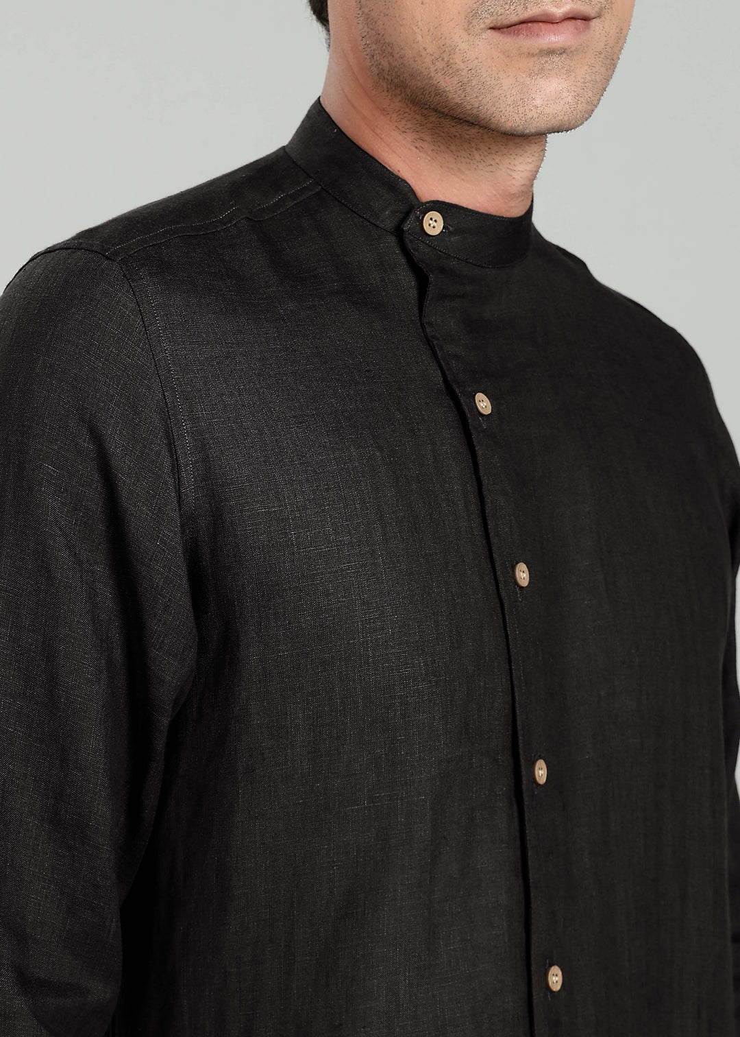 Floyd Shirt - Pure Linen Mandarin Collar Shirt - Black