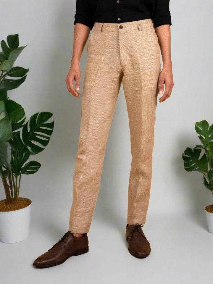 Ian Pure Linen Trousers - Golden Brown Houndstooth