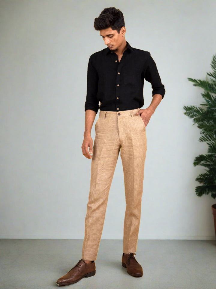 Ian Pure Linen Trousers - Golden Brown Houndstooth