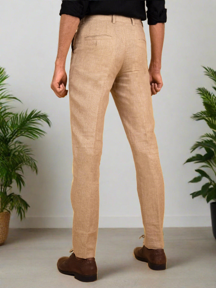 Ian Pure Linen Trousers - Golden Brown Houndstooth