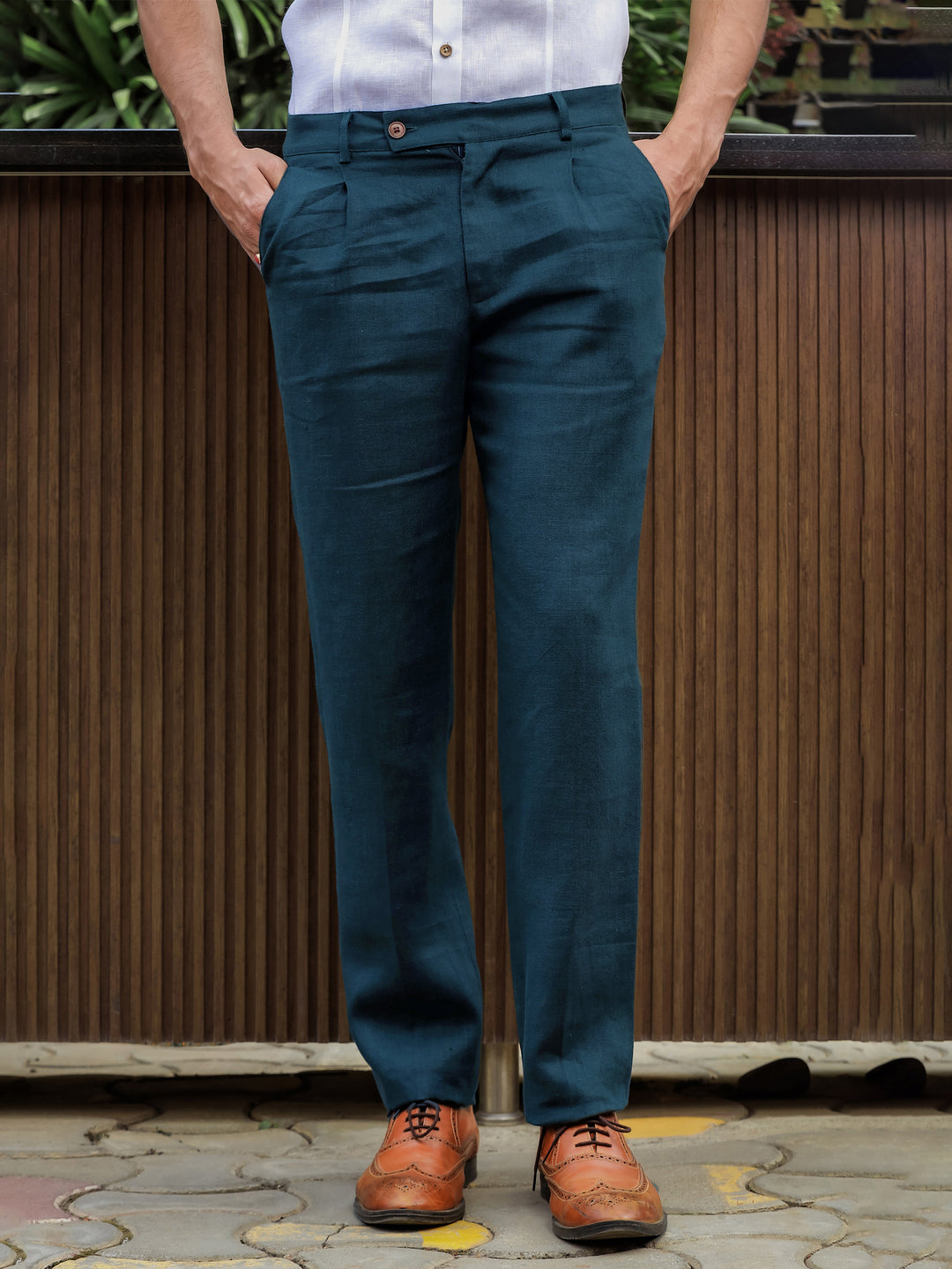 Hal Classic Pleated Pure Linen Trousers - Deep Sea Blue