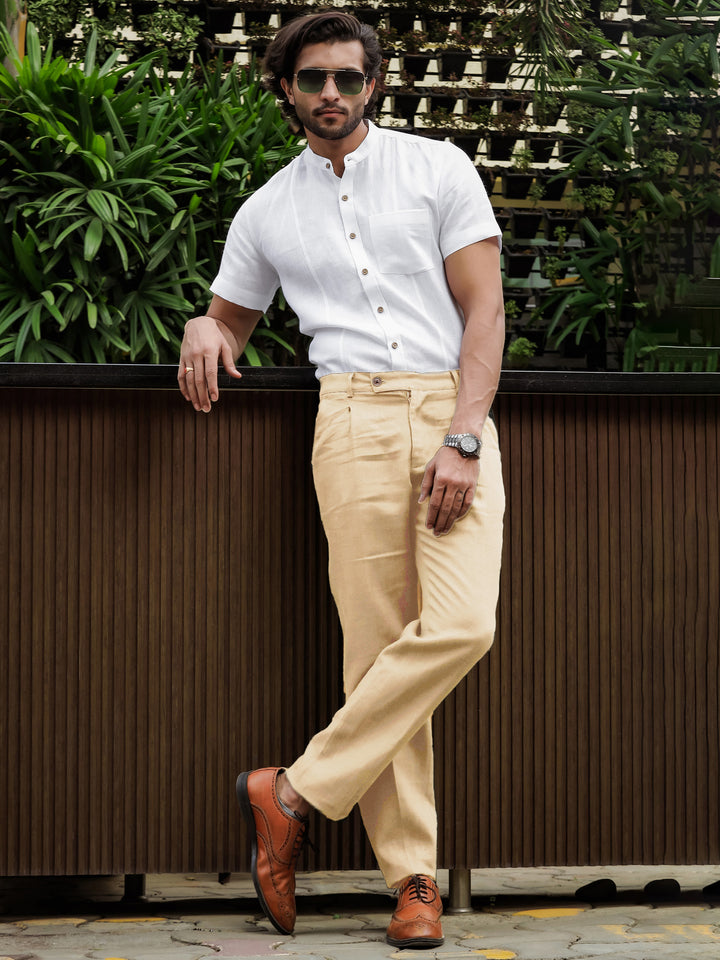 Hal Classic Pleated Pure Linen Trousers - Cappuccino Beige