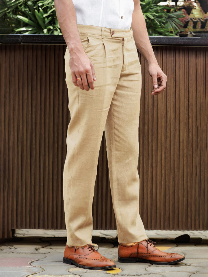 Hal Classic Pleated Pure Linen Trousers - Cappuccino Beige