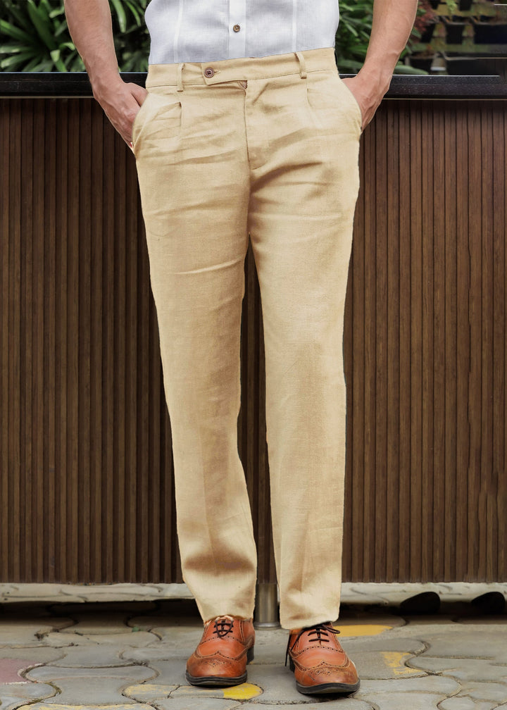 Hal Classic Pleated Pure Linen Trousers - Cappuccino Beige