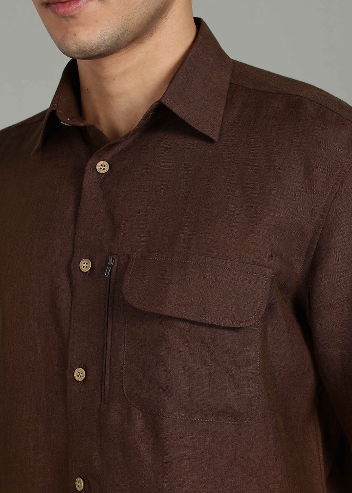 Man wearing 100% 60 LEA Coffee Brown Half sleeve Shirt in an indoor grey background.