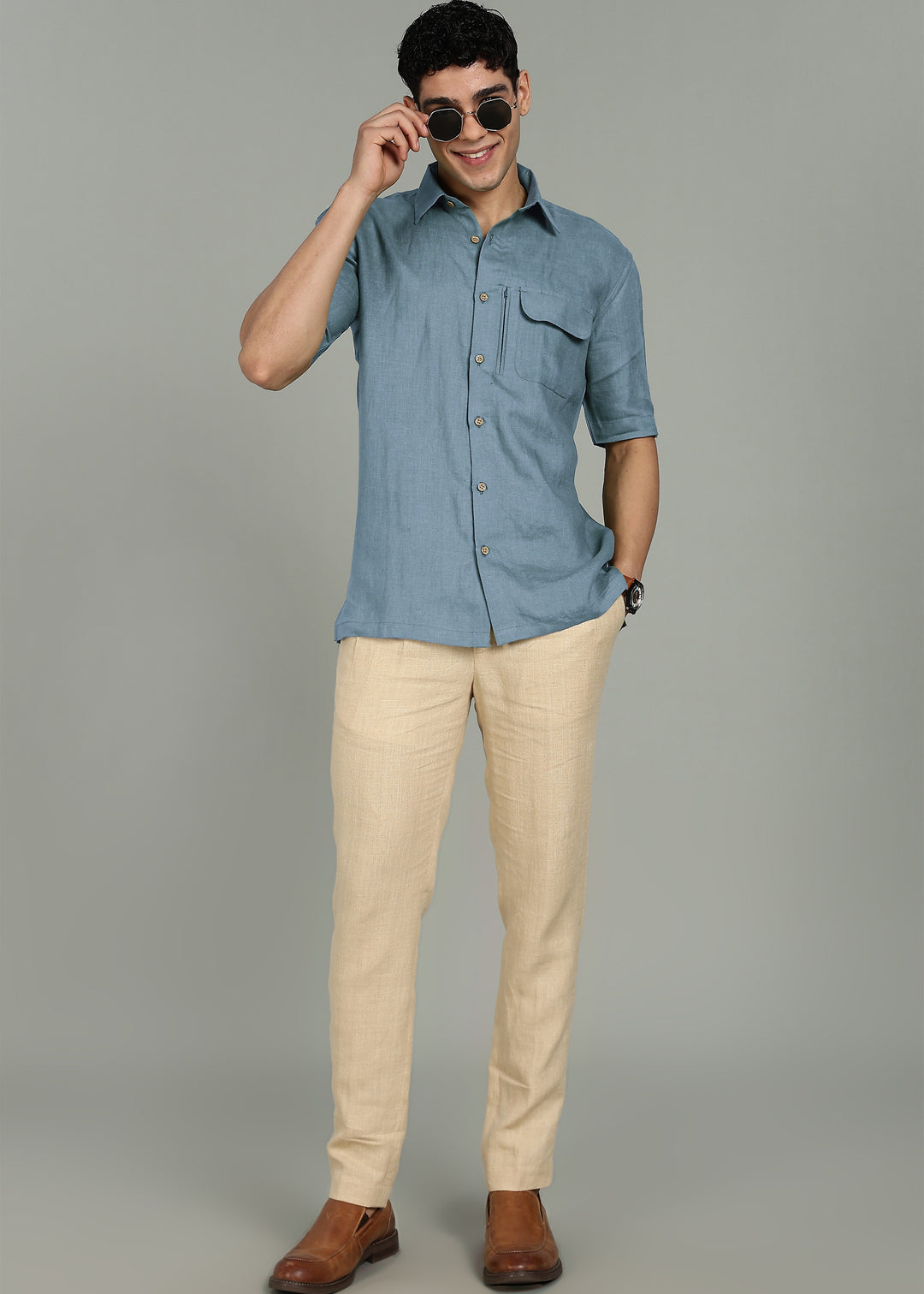 Hale - Pure Linen Shirt with Flap & Zip Pocket - Blue Grey