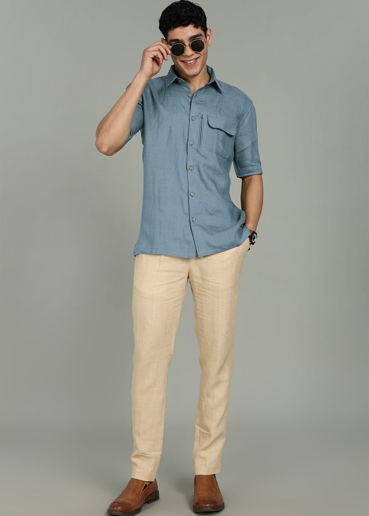 Hale - Pure Linen Shirt with Flap & Zip Pocket - Blue Grey