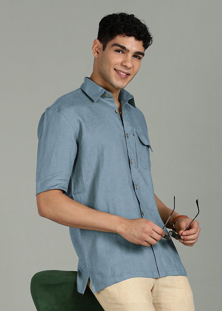 Hale - Pure Linen Shirt with Flap & Zip Pocket - Blue Grey