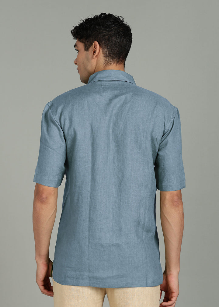 Hale - Pure Linen Shirt with Flap & Zip Pocket - Blue Grey