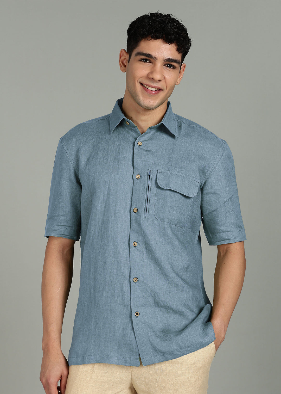 Hale - Pure Linen Shirt with Flap & Zip Pocket - Blue Grey