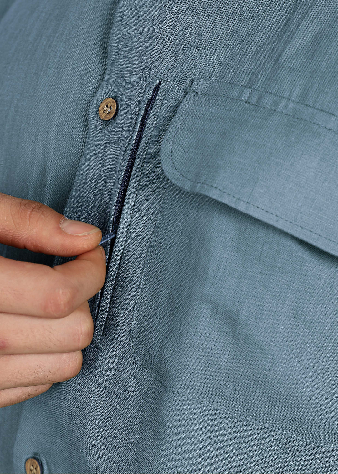 Hale - Pure Linen Shirt with Flap & Zip Pocket - Blue Grey
