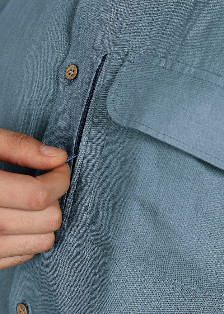 Hale - Pure Linen Shirt with Flap & Zip Pocket - Blue Grey