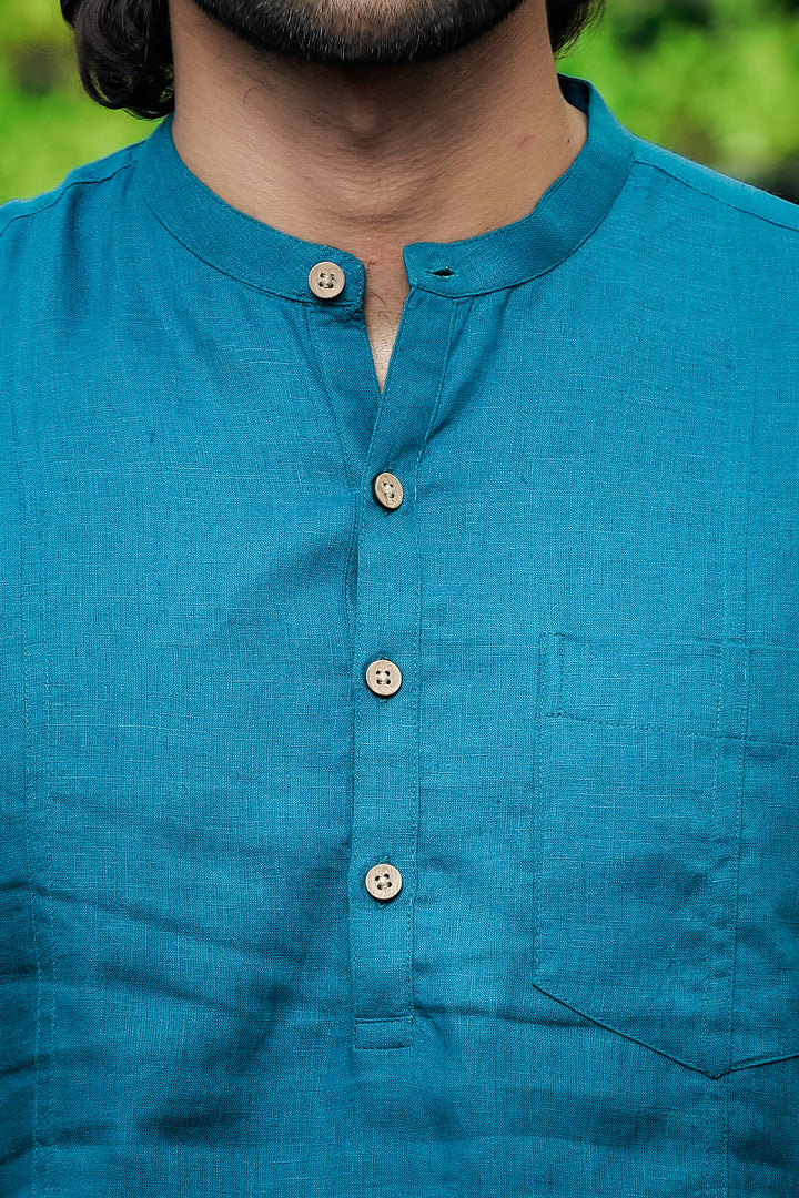 Trevor - Half Placket Pure Linen Full Sleeve Shirt - Peacock Blue