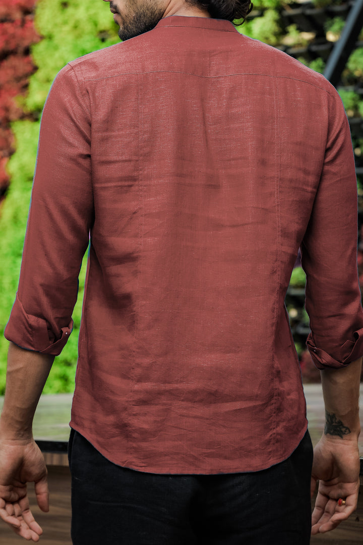 Trevor - Half Placket Pure Linen Full Sleeve Shirt - Terracotta Red