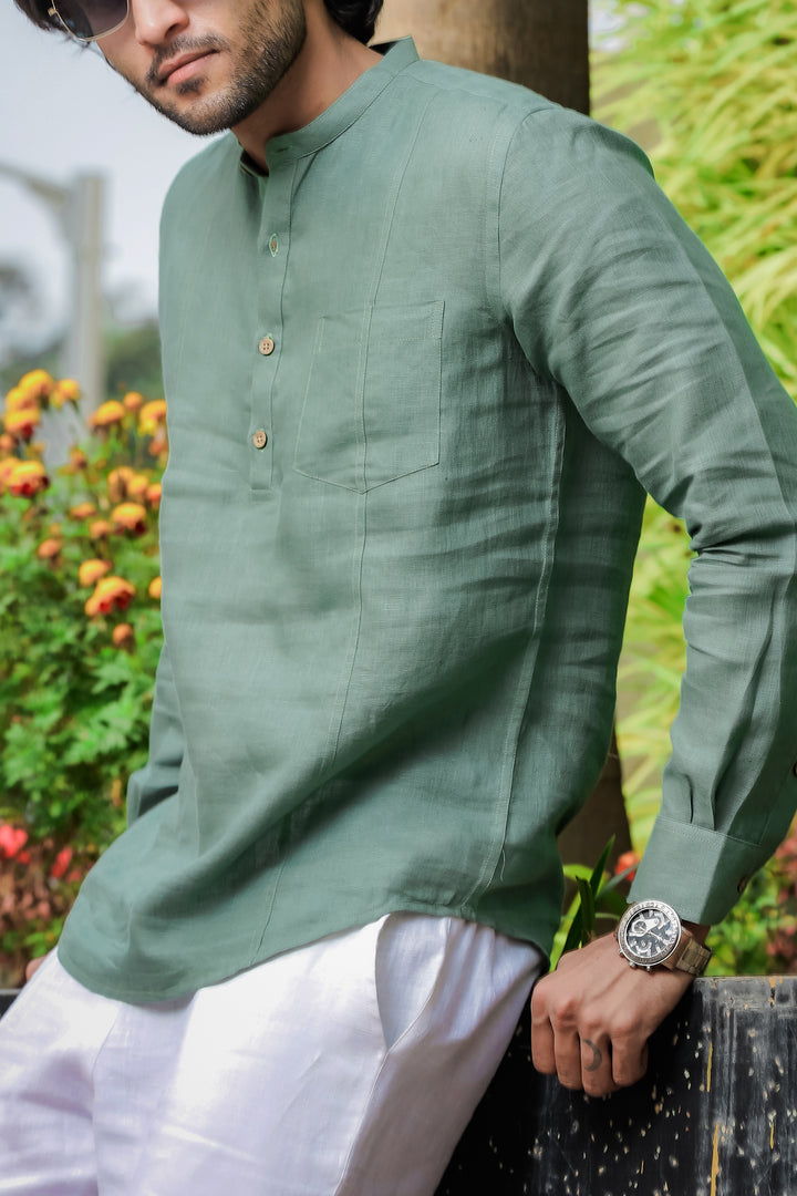 Trevor - Half Placket Pure Linen Full Sleeve Shirt - Smoke Green
