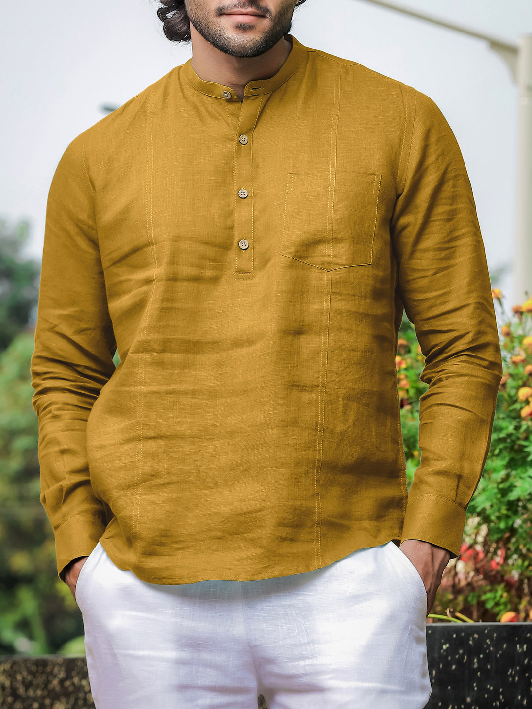 Trevor - Half Placket Pure Linen Full Sleeve Shirt - Spicy Mustard