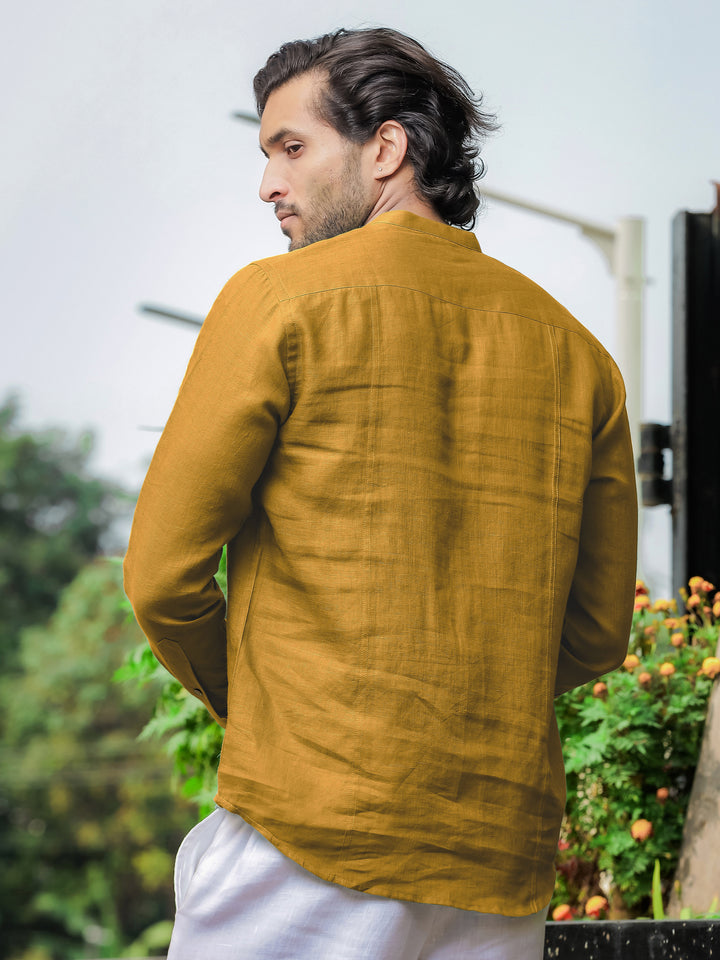 Trevor - Half Placket Pure Linen Full Sleeve Shirt - Spicy Mustard