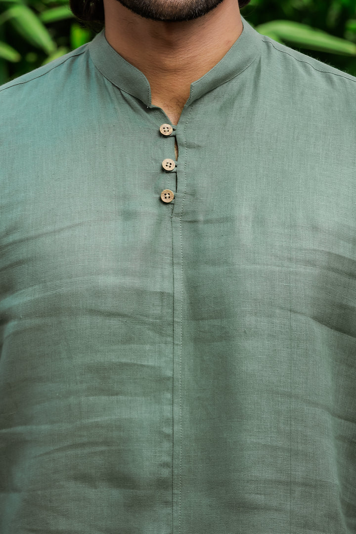 Quinn Half Placket Pure Linen Full Sleeve Shirt - Smoke Green