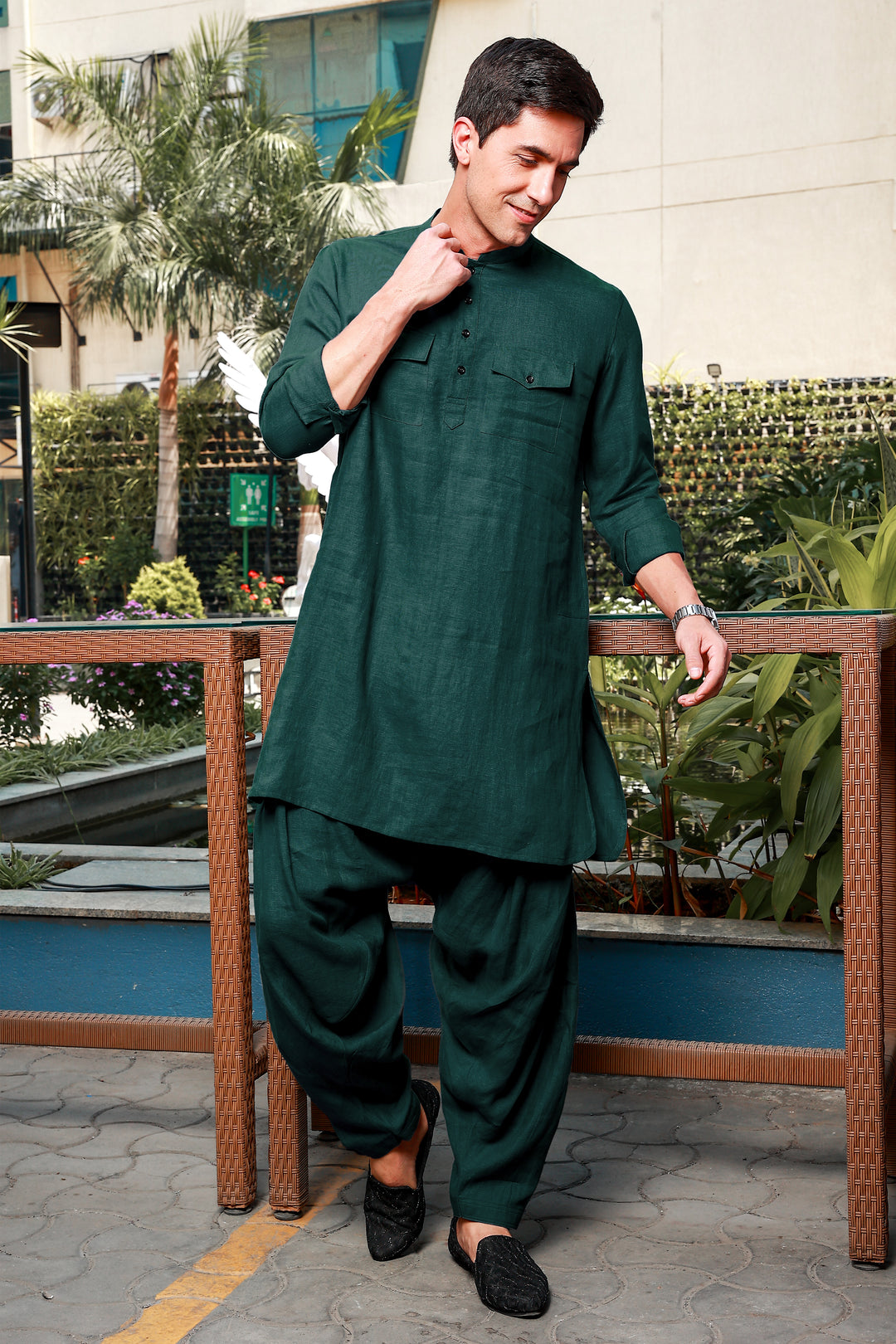 Han - Pure Linen Pathani Pyjama - Dark Pine Green