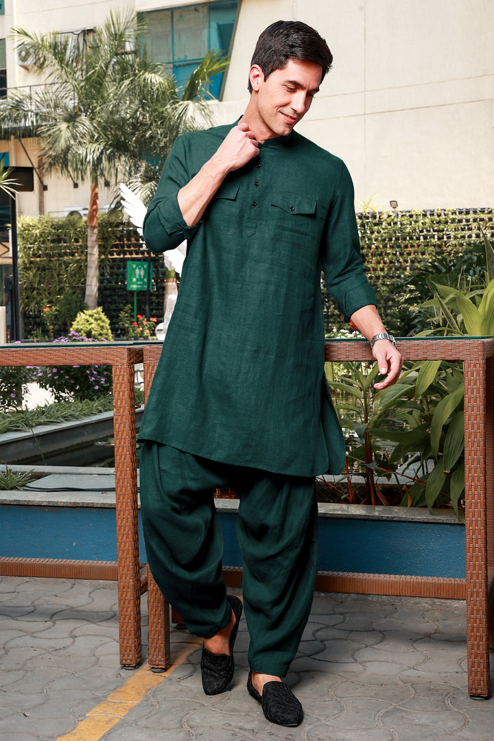 Han - Pure Linen Pathani Pyjama - Dark Pine Green