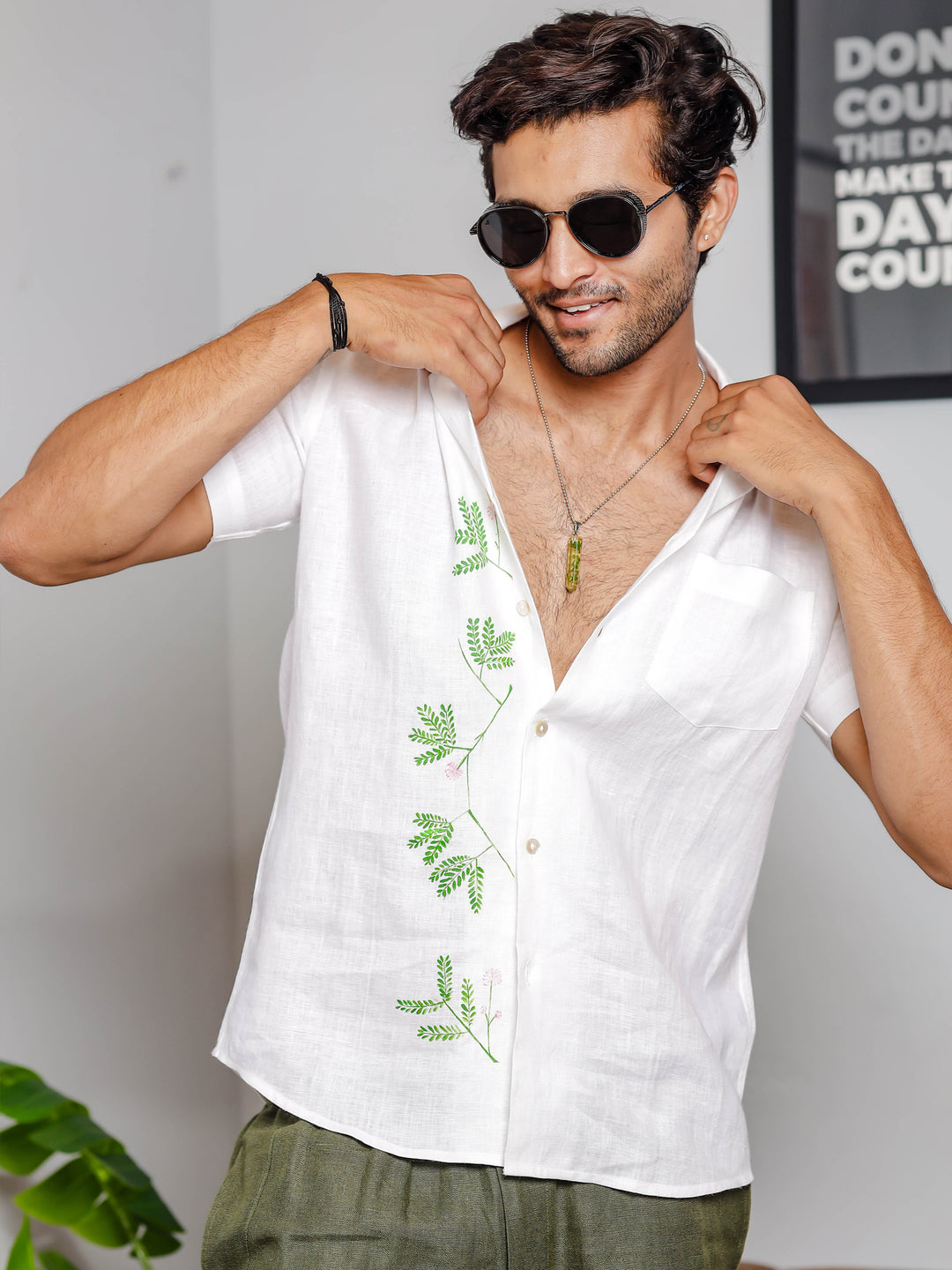 Hand-Painted Fern - Pure Linen Half Sleeve Shirt - White