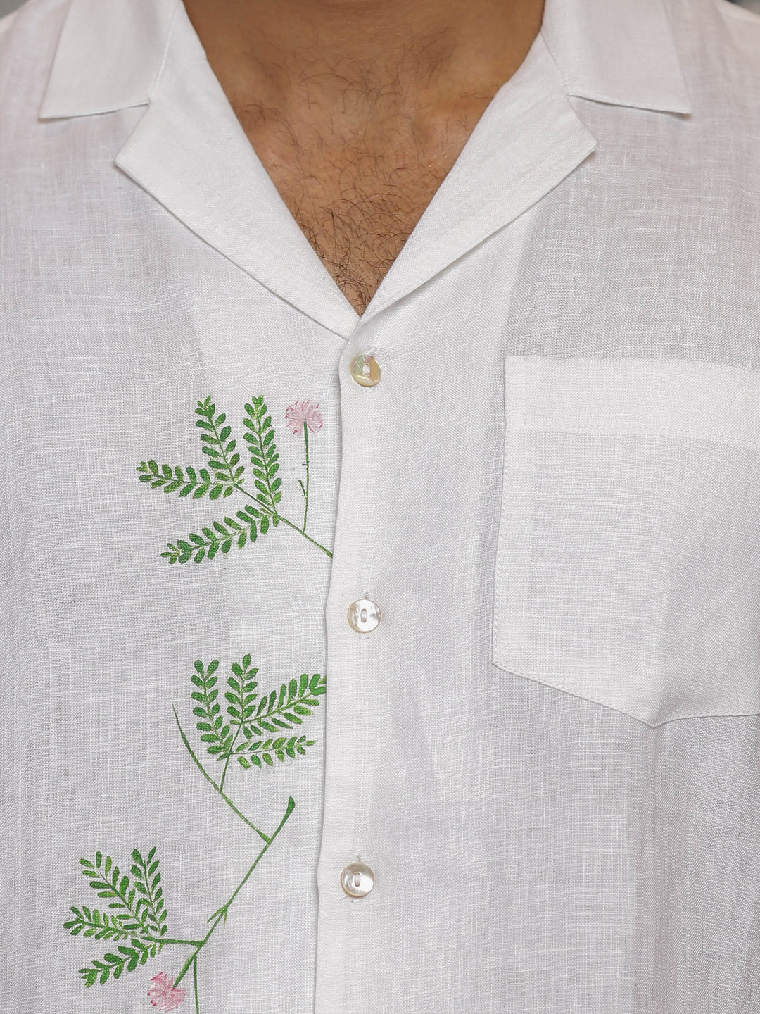 Hand-Painted Fern - Pure Linen Half Sleeve Shirt - White