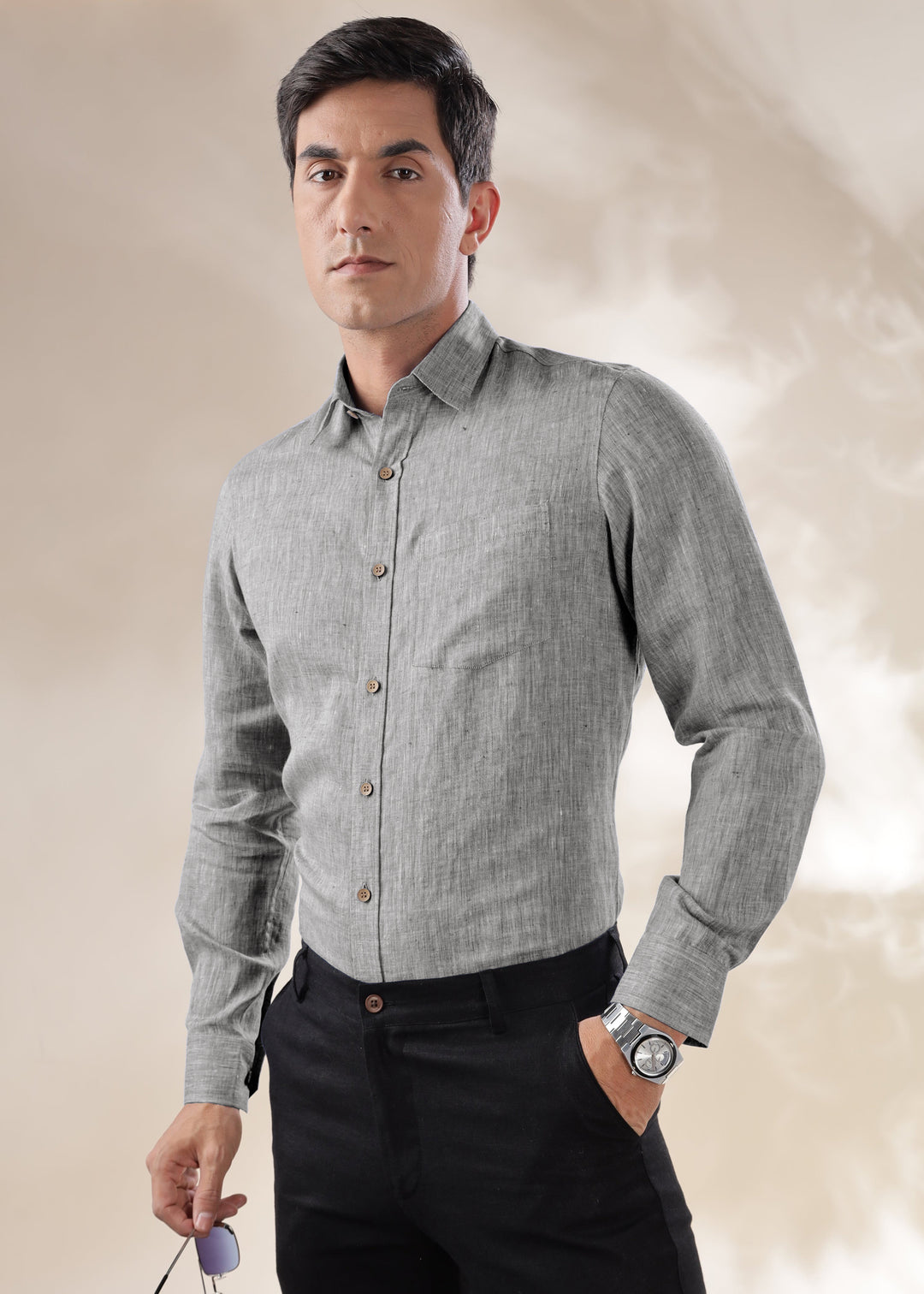 Harvey - Pure Linen Full Sleeve Shirt - Black Chambray