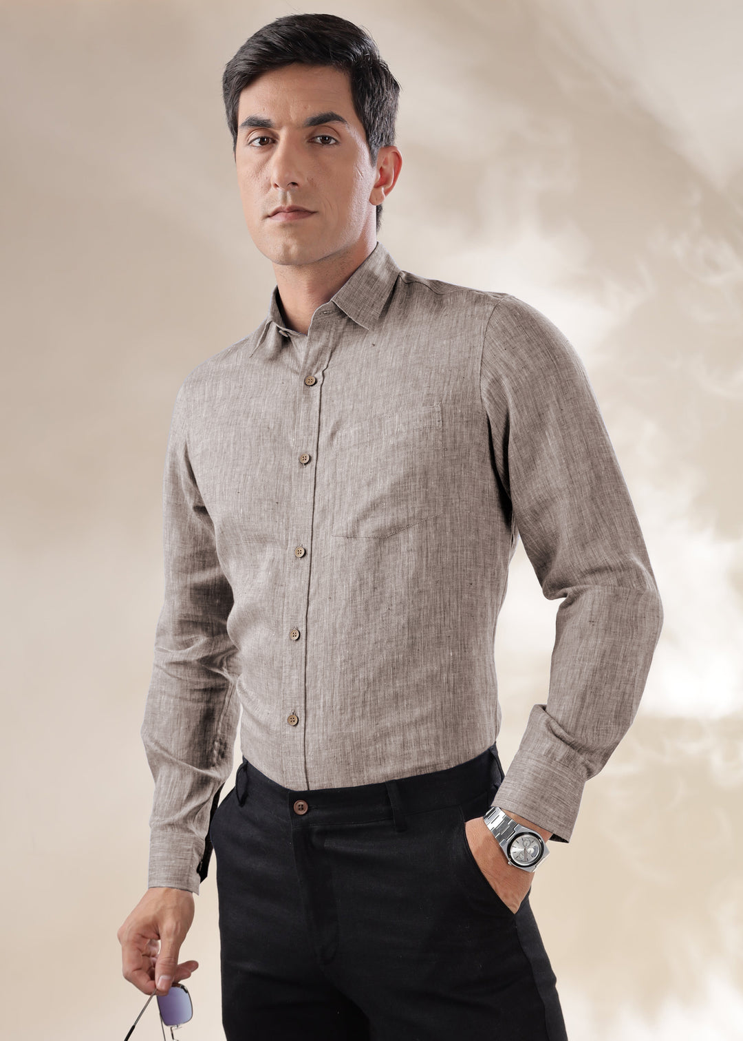 Harvey - Pure Linen Full Sleeve Shirt - Brown Chambray