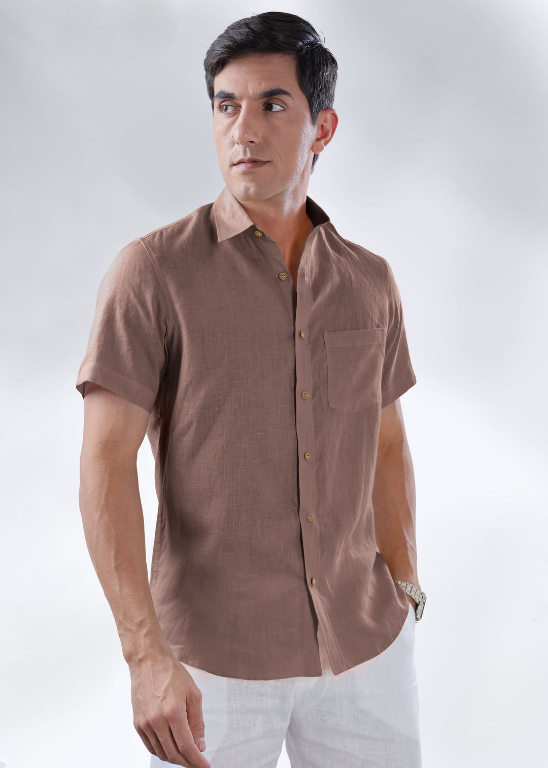 Harvey - Pure Linen Half Sleeve Shirt - Toasted Brown