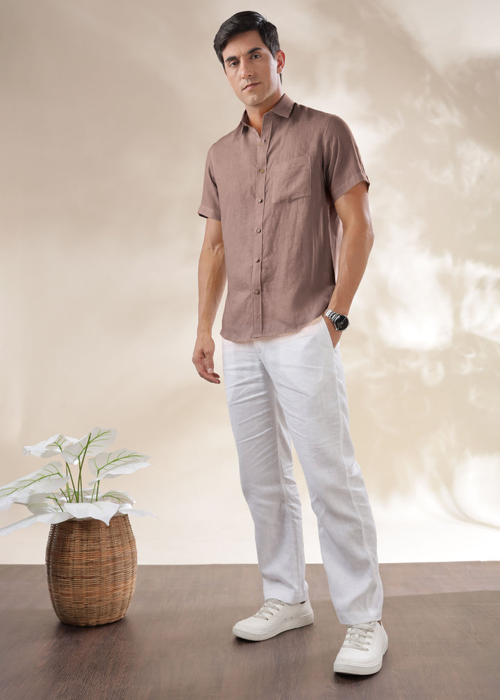Harvey - Pure Linen Half Sleeve Shirt - Toasted Brown