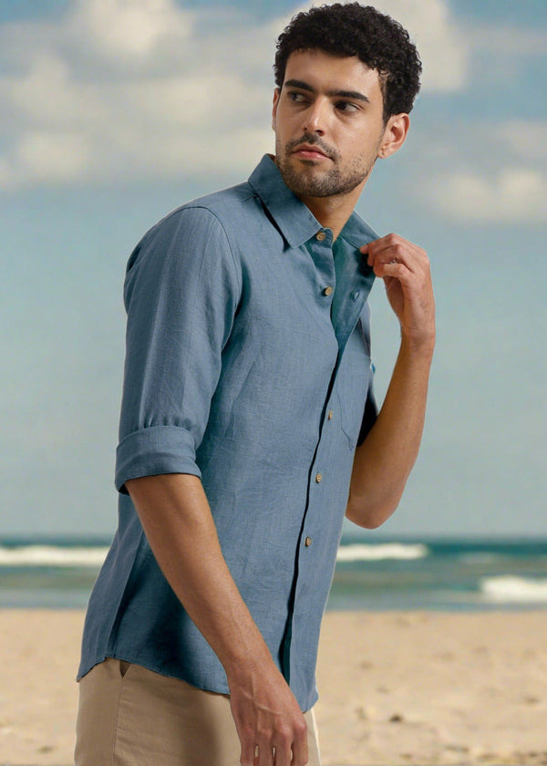 Harvey - Pure Linen Full Sleeve Shirt - Blue Grey