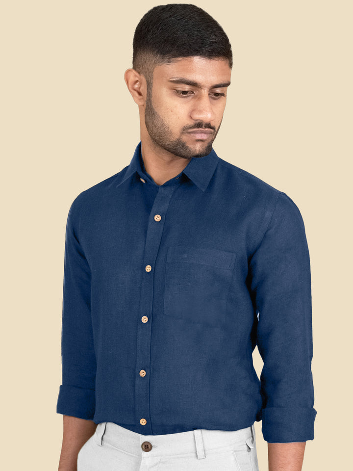 Harvey - Pure Linen Full Sleeve Shirt - Denim Blue