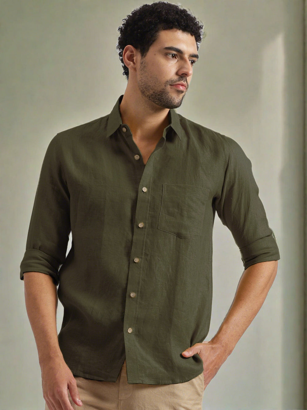 Harvey - Pure Linen Full Sleeve Shirt - Moss Green