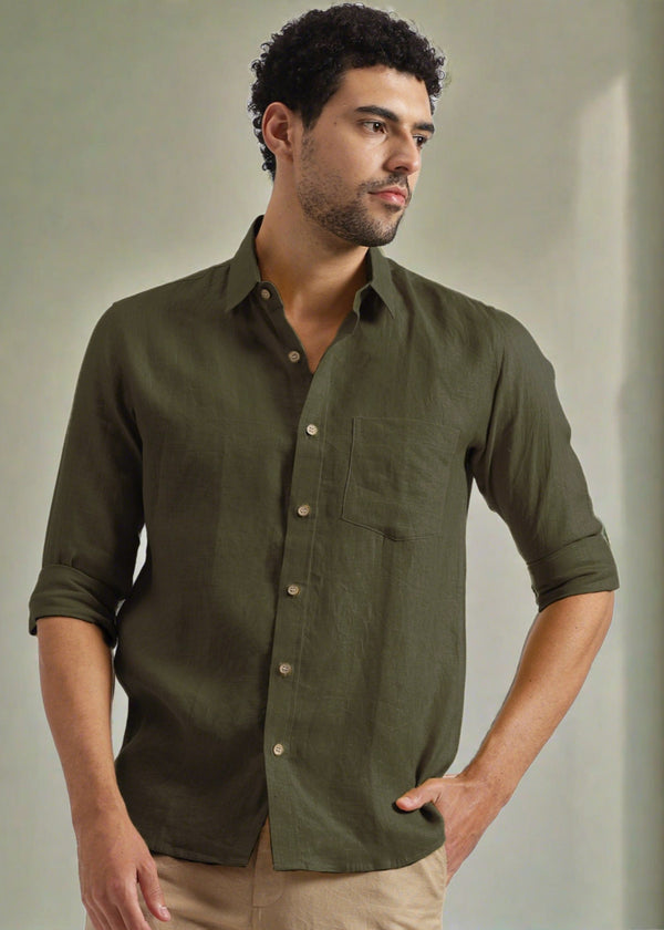 Harvey - Pure Linen Full Sleeve Shirt - Moss Green